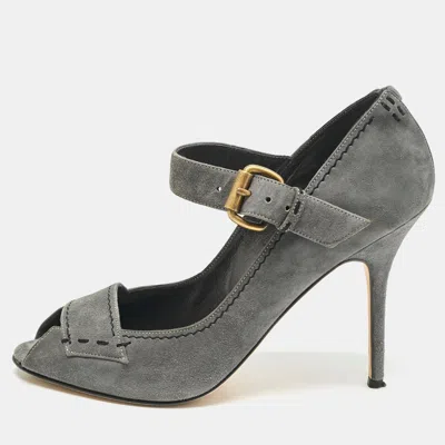 Manolo Blahnik Grey Suede Reata Peep Toe Pumps In Gray
