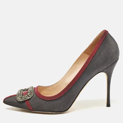 Pre-owned Manolo Blahnik Grey/burgundy Satin Crystal Gotrian Pumps Size 42