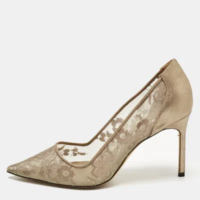Pre-owned Manolo Blahnik Grey/gold Mesh And Leather Salola Pumps Size 37 In Sand