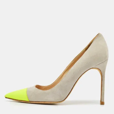 Pre-owned Manolo Blahnik Grey/green Suede Bb Pointed Toe Pumps Size 38
