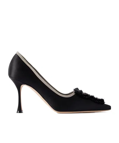Manolo Blahnik Montmedy 95 Grosgrain-trimmed Appliquéd Satin Pumps In Black