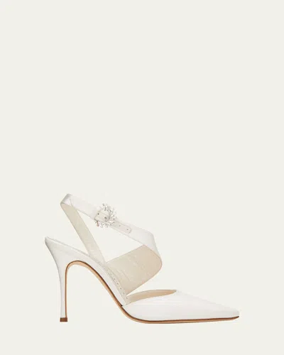 Manolo Blahnik Hafela Silk Asymmetrical Ankle-strap Pumps In Cream