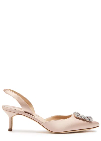 Manolo Blahnik Hangilsi 50cystal-embellished Satin Slingback Pumps In Brown