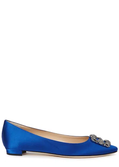 Manolo Blahnik Hangisi Crystal-embellished Satin Point-toe Flats In Blue