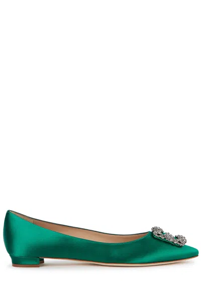 Manolo Blahnik Hangisi 10 Silk-satin Flats In Green