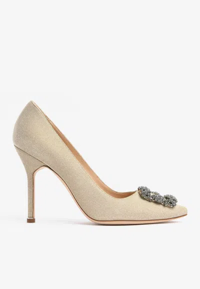 Manolo Blahnik Hangisi 105 Crystal Buckle Glittered Pumps In Gold