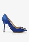 MANOLO BLAHNIK HANGISI 105 CRYSTAL BUCKLE PUMPS IN SATIN