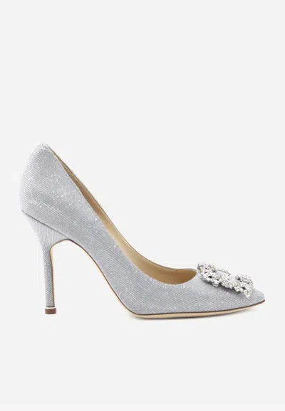 Manolo Blahnik Hangisi 105 Glitter Crystal Buckle Pumps In Silver