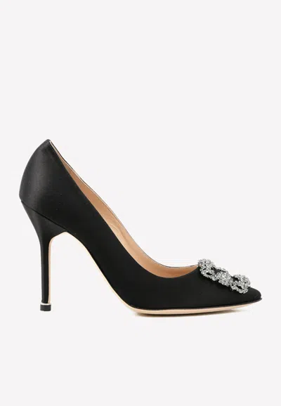 Manolo Blahnik Hangisi 105 Fmc Crystal Buckle Satin Pumps In Black