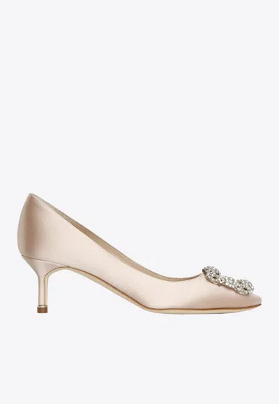 Manolo Blahnik Hangisi 50 Clc Crystal Buckle Satin Pumps In Nude