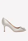 Manolo Blahnik Hangisi 90 Crystal Buckle Satin Pumps In Gray