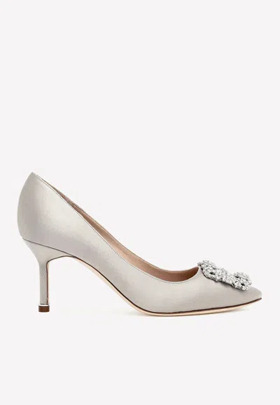 MANOLO BLAHNIK HANGISI 70 CRYSTAL BUCKLE SATIN PUMPS,HANGISI CLC 70 GREY 0502 0316-0033