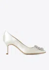 Manolo Blahnik Satin Pumps With Jewel Embellishment And Kitten Heel In White
