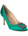 Manolo Blahnik Hangisi 70 Satin Pumps With Clc Crystal Buckle In Green