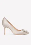 Manolo Blahnik Hangisi 90 Crystal Buckle Satin Pumps In Gray