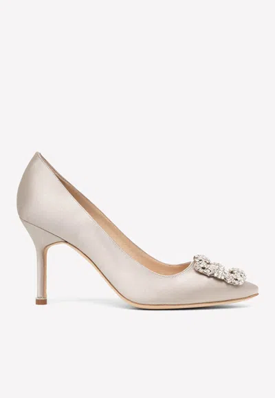 Manolo Blahnik Hangisi 90 Crystal Buckle Satin Pumps In Gray