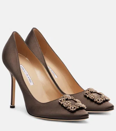 Manolo Blahnik Hangisi 90 Embellished Satin Pumps In Brown