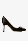 Manolo Blahnik Hangisi 90 Satin Pumps With Fmc Crystal Buckle In Green