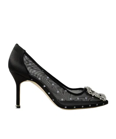 Manolo Blahnik Hangisi 90 Satin-trimmed Crystal-embellished Flocked Mesh Pumps In Black