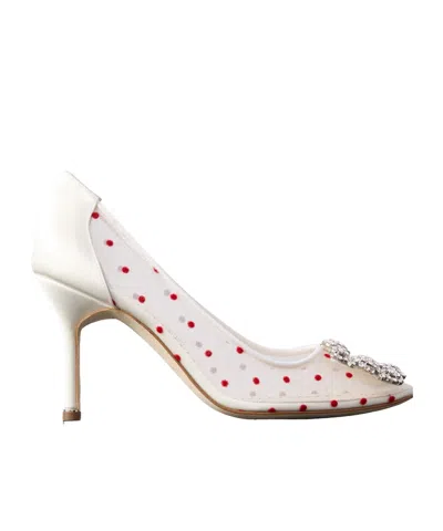 Manolo Blahnik Hangisi 90 Satin-trimmed Crystal-embellished Flocked Mesh Pumps In Multi