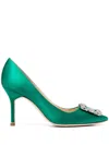 Manolo Blahnik Hangisi 70 Satin Pumps With Clc Crystal Buckle In Green