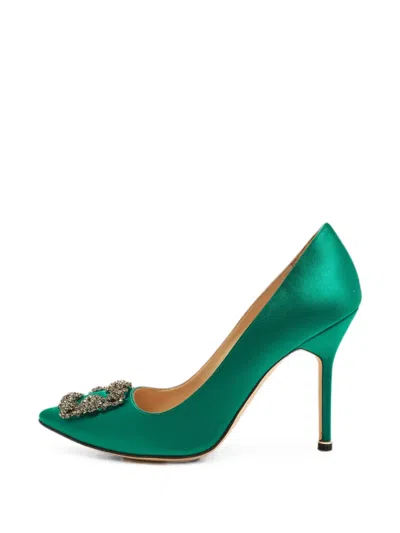 Pre-owned Manolo Blahnik Hangisi Buckle Pumps In Green