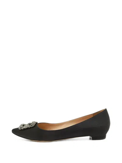 Pre-owned Manolo Blahnik Hangisi Crystal Ballet Flats In Black