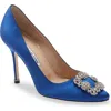 Manolo Blahnik Satin Hangisi 105 Pumps With Jewel Embellishment In Blue Satin Clear/buckle