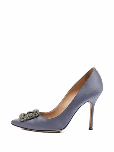 Pre-owned Manolo Blahnik Hangisi Crystal Buckle Pumps In Blue