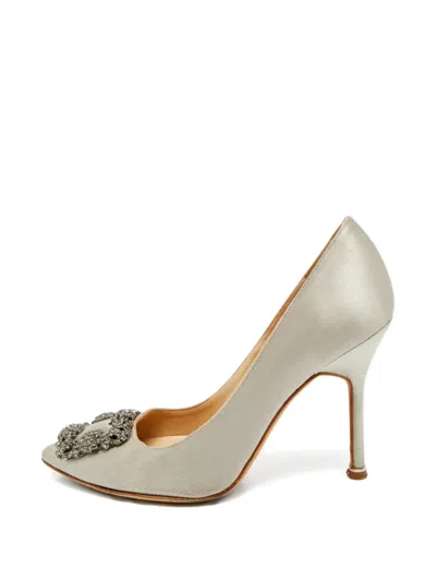 Pre-owned Manolo Blahnik Hangisi Crystal-buckle Pumps In Gray