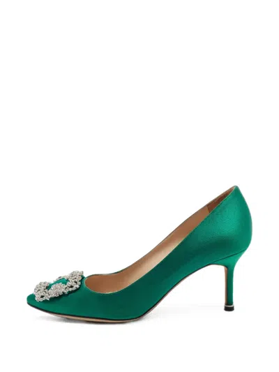 Pre-owned Manolo Blahnik Hangisi Crystal Buckle Pumps In Green