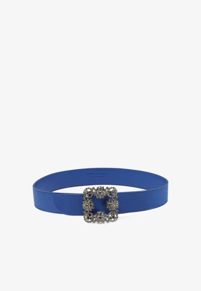Manolo Blahnik Hangisi Crystal Buckle Satin Belt In Blue