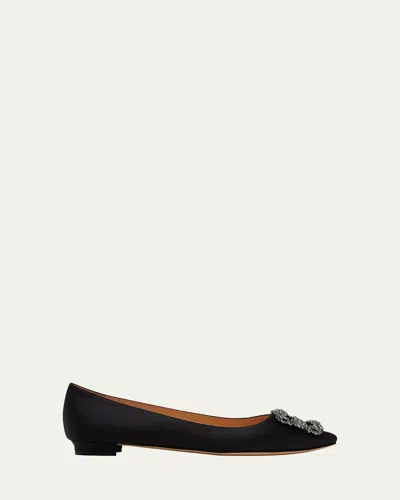Manolo Blahnik Hangisi Crystal-buckle Satin Flat In Black