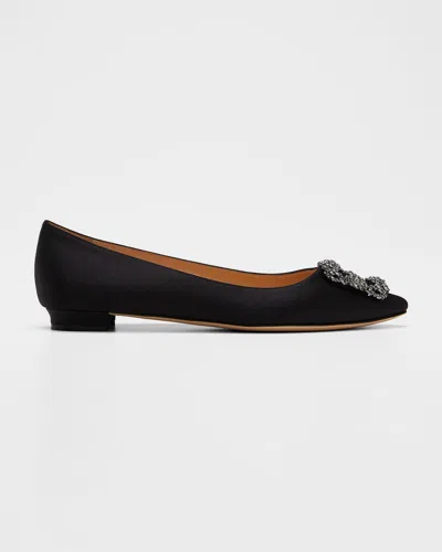 Manolo Blahnik Hangisi Crystal-buckle Satin Flat In Black