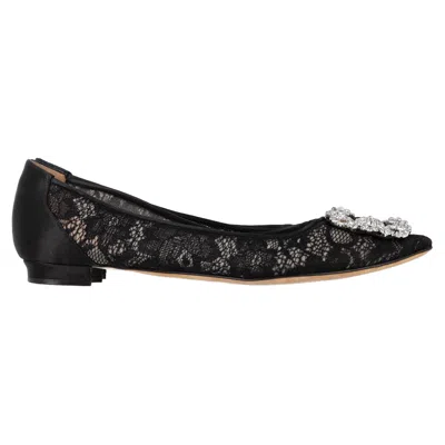 MANOLO BLAHNIK HANGISI CRYSTAL EMBELLISHED LACE BALLET FLATS IN BLACK COTTON