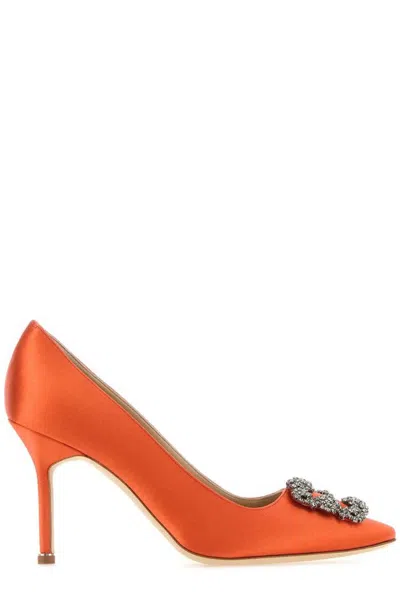 Manolo Blahnik Hangisi 90 Crystal Embellished Satin Pumps In Orange