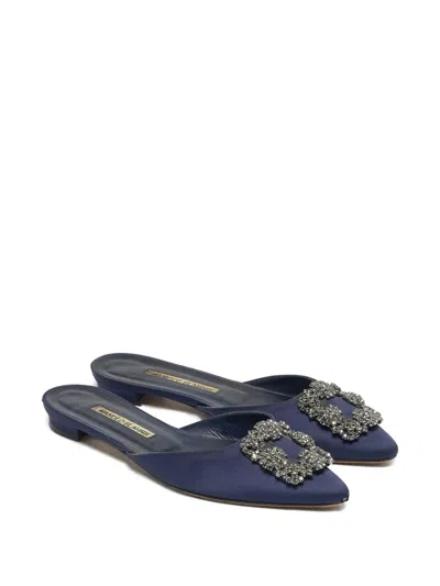 Pre-owned Manolo Blahnik Hangisi Crystal Satin Mules In Blue