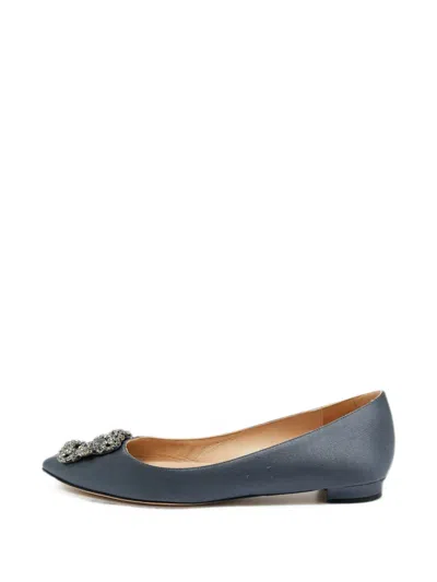 Pre-owned Manolo Blahnik Hangisi Crystal-buckle Ballet Flats In Gray