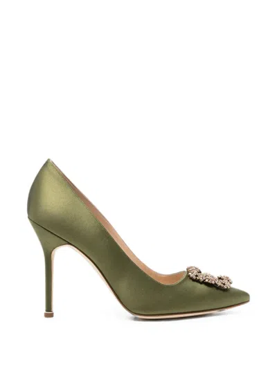 Manolo Blahnik Hangisi Crystal-buckle Pumps In Green