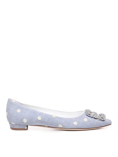 Manolo Blahnik Flat Pumps In Blue And White Chambray Daisy In Azul