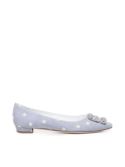 Manolo Blahnik Flat Pumps In Blue And White Chambray Daisy In Azul