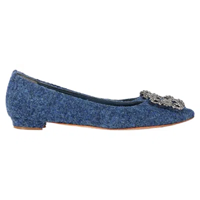 Manolo Blahnik Hangisi Embellished Flats In Blue Tweed