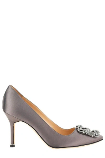 Manolo Blahnik Hangisi Embellished Satin Pumps In Grey