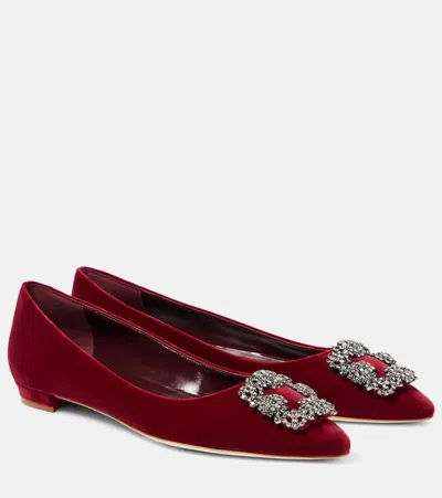 Manolo Blahnik Hangisi Embellished Velvet Ballet Flats In Red