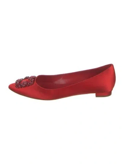 Pre-owned Manolo Blahnik Hangisi Flat Satin Ballet Flats In Red