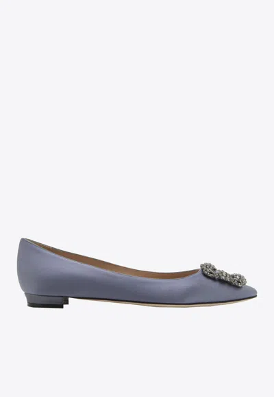 Manolo Blahnik Hangisi Fmc Crystal Buckle Satin Flats In Gray