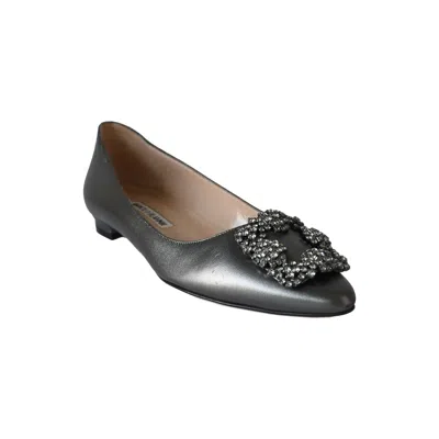 Manolo Blahnik Hangisi Graphite Satin Embellished Flats Grey In Metallic