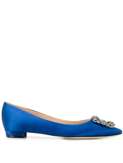 Manolo Blahnik Hangisi Crystal-embellished Satin Point-toe Flats In Blue