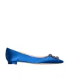 Manolo Blahnik Hangisi Crystal-buckle Satin Flat In Blue