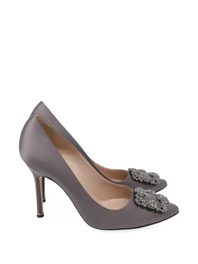 Pre-owned Manolo Blahnik Hangisi Jewel Buckle Pumps In Grey